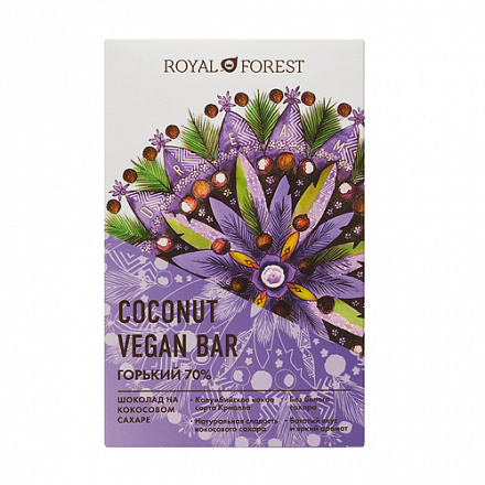 Горький шоколад 70% Vegan Coconut Bar, 50г, Royal Forest